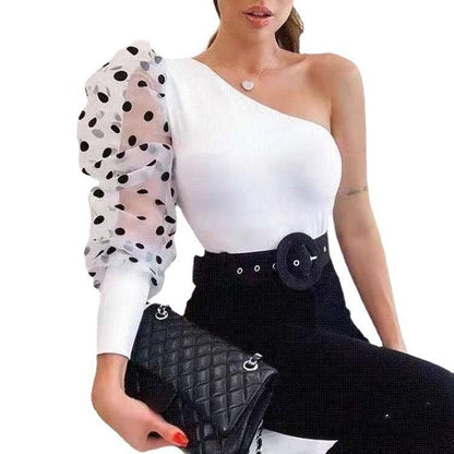 Summer Women Sexy Mesh Tshirt Spring Pullover Top Tees One Shoulder Black Polka Dot Top Tees T-shirts Women - Cruish Home