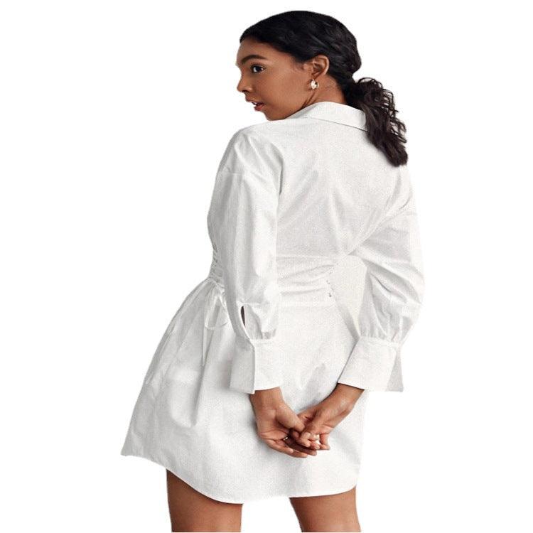 Side Drawstring Sslim Mid-Length White Dress - Cruish Home
