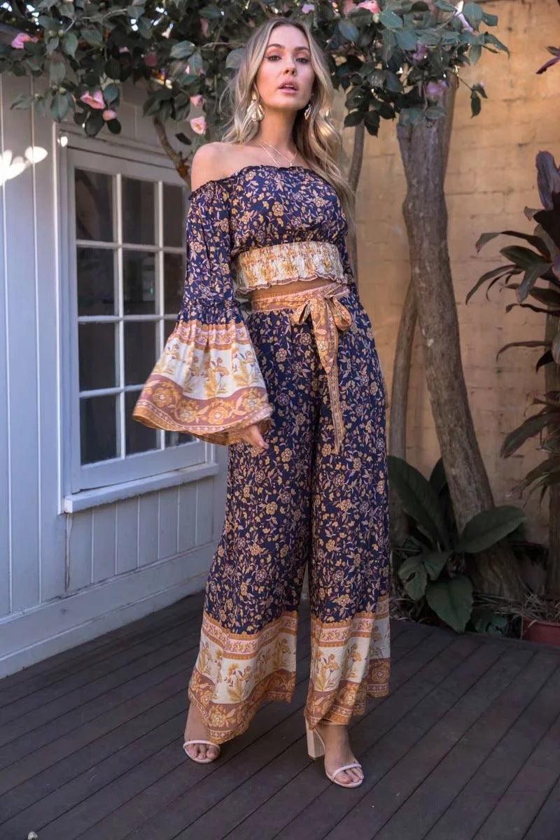 Short Top With Flared Sleeves And High-Waist Wide-Leg Pants - Cruish Home