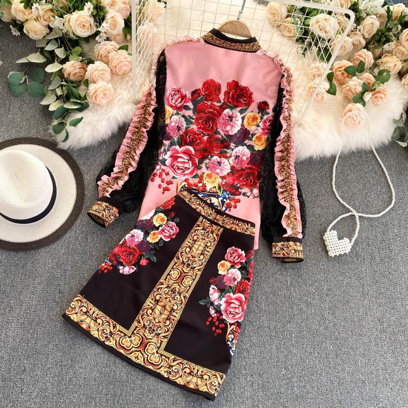 Palace Style Vintage Print Shirt High Waist Skirt Suit - Cruish Home