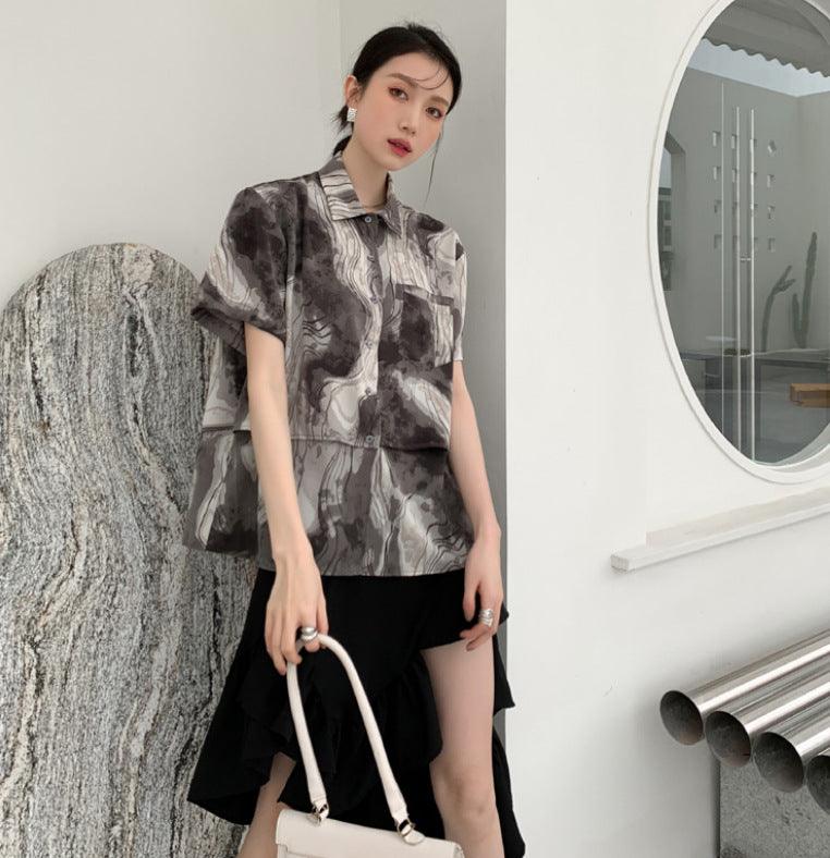 Design Sense Shirt Female Summer New Style Retro Ink Painting Loose And Thin Short Sleeves - Cruish Home