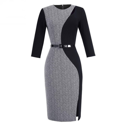 Three-Quarter Sleeves Slim Slimming Buttocks Dress Autumn New Female Temperament Contrast Stitching Skirt - Cruish Home