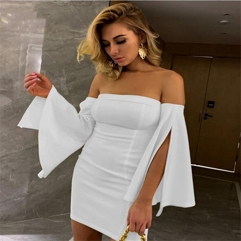 Fashion One-shoulder Tight-fitting Buttocks Solid Color Long-sleeved Dress - Cruish Home