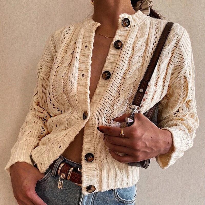 Half-High Collar Single-Breasted Sweater Coat Solid Color Long-Sleeved Cardigan Retro Cardigan Sweater - Cruish Home