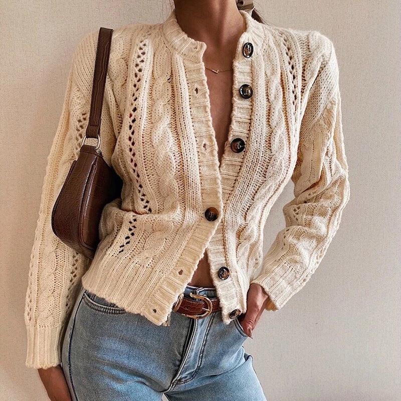 Half-High Collar Single-Breasted Sweater Coat Solid Color Long-Sleeved Cardigan Retro Cardigan Sweater - Cruish Home