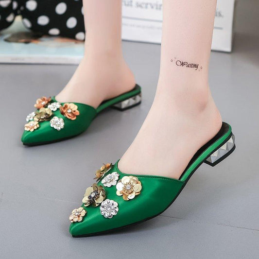 Foreign Trade Summer Pointed Sequin Flower Slippers Korean Casual Rhinestone Lazy Cloth Bread Head Sandals Large Size Wholesale - Cruish Home