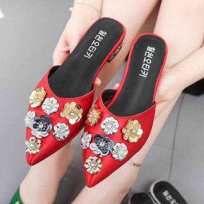 Foreign Trade Summer Pointed Sequin Flower Slippers Korean Casual Rhinestone Lazy Cloth Bread Head Sandals Large Size Wholesale - Cruish Home