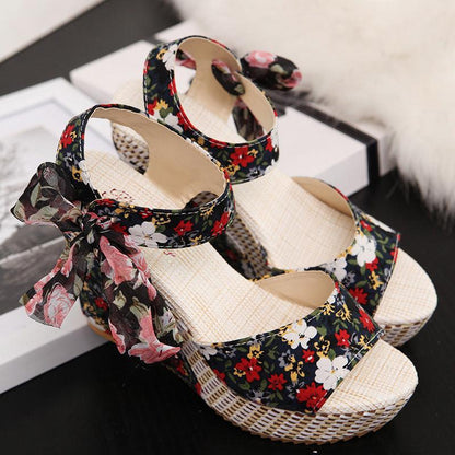 Floral Bowknot Design Wedge Sandals - Cruish Home