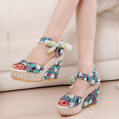 Floral Bowknot Design Wedge Sandals - Cruish Home