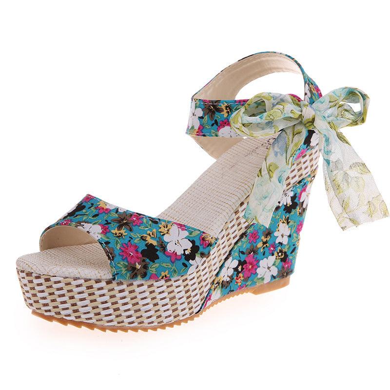 Floral Bowknot Design Wedge Sandals - Cruish Home
