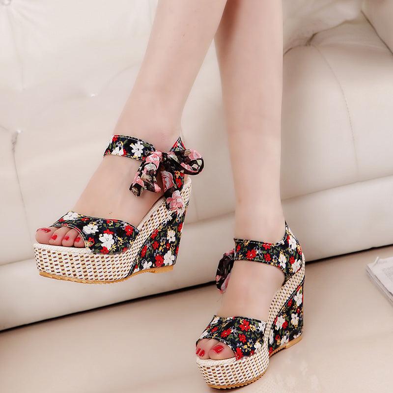 Floral Bowknot Design Wedge Sandals - Cruish Home