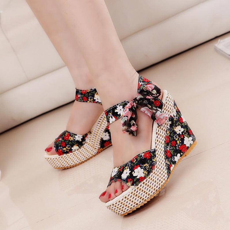 Floral Bowknot Design Wedge Sandals - Cruish Home