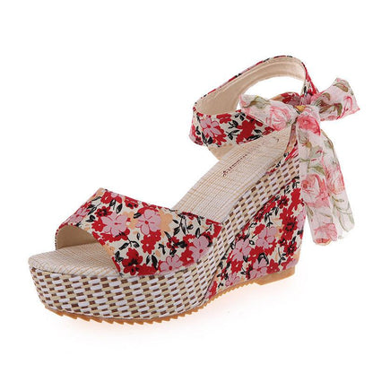 Floral Bowknot Design Wedge Sandals - Cruish Home