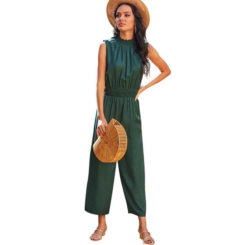 Women'S Casual Vacation Halter Waist Dark Green Sleeveless Jumpsuit Women - Cruish Home