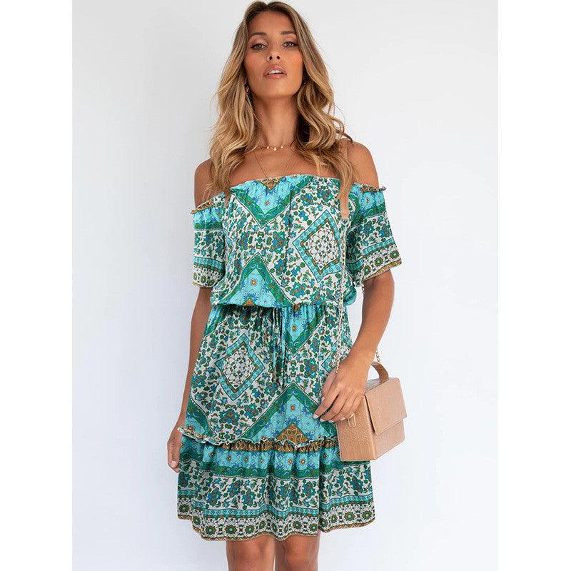 Women's Fashion Printed Short Sleeve Off Shoulder Bohemian Dress - Cruish Home