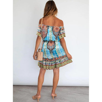 Women's Fashion Printed Short Sleeve Off Shoulder Bohemian Dress - Cruish Home