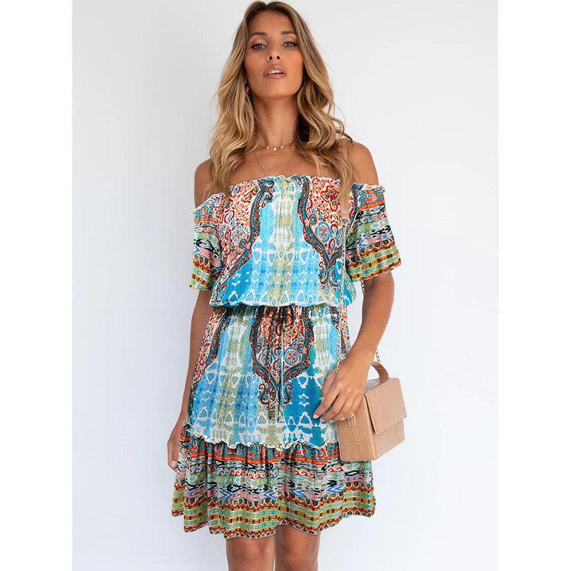 Women's Fashion Printed Short Sleeve Off Shoulder Bohemian Dress - Cruish Home