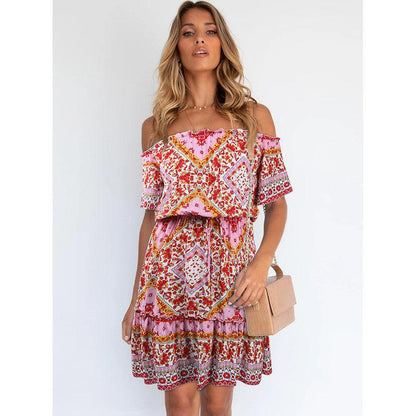 Women's Fashion Printed Short Sleeve Off Shoulder Bohemian Dress - Cruish Home