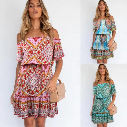 Women's Fashion Printed Short Sleeve Off Shoulder Bohemian Dress - Cruish Home