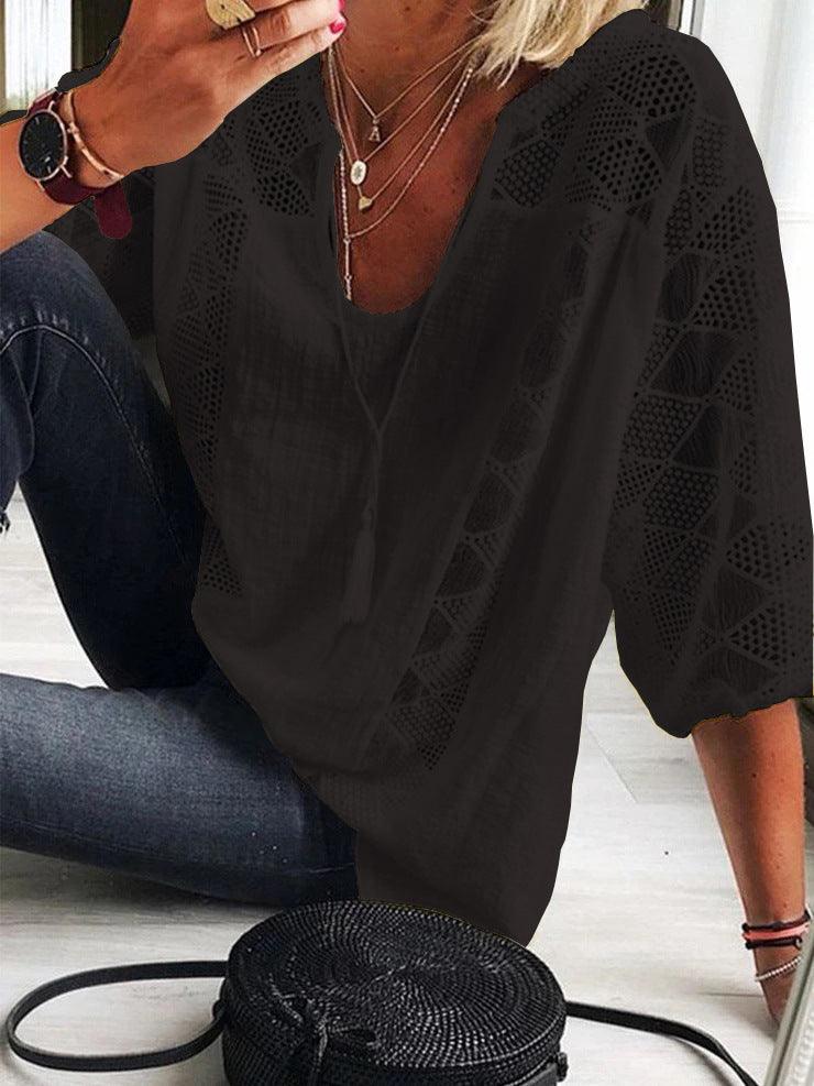 Lace stitching U-neck 3.4 sleeve T-shirt - Cruish Home