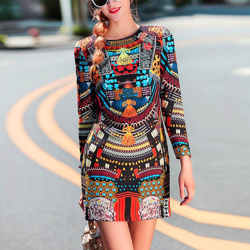 Round Neck Long Sleeve Retro Print Sexy Slim Short Skirt - Cruish Home