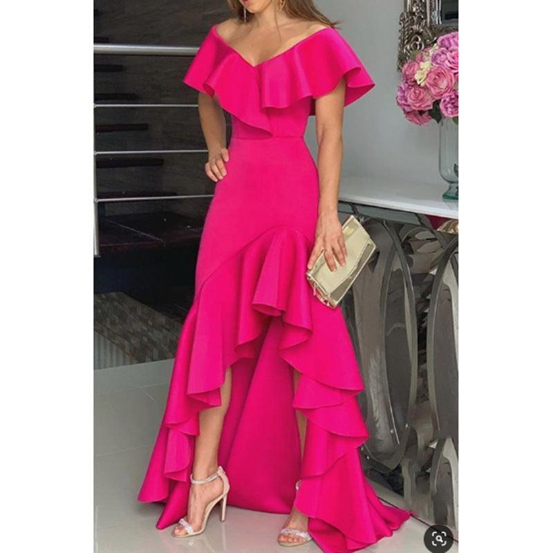 Temperament Sexy V-neck Irregular Solid Color Hem Ruffled Personality Design Ladies Dress - Cruish Home