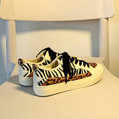 Zebra And Leopard Pattern Stitching Low-cut Canvas Shoes Women - Cruish Home