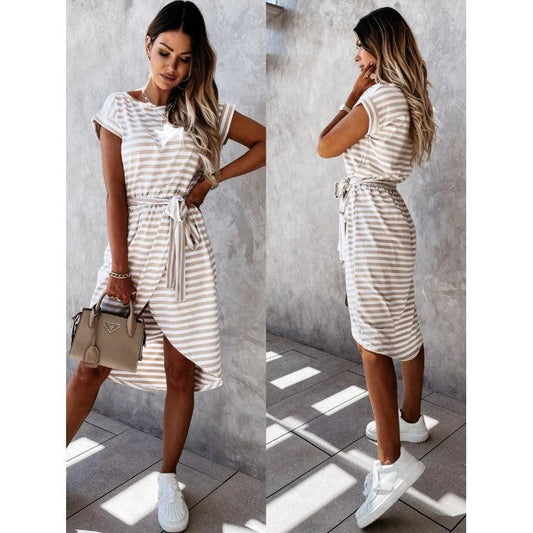 New Style Short Sleeved Round Neck Striped Dress Lace Up Waist Women's Skirt - Cruish Home