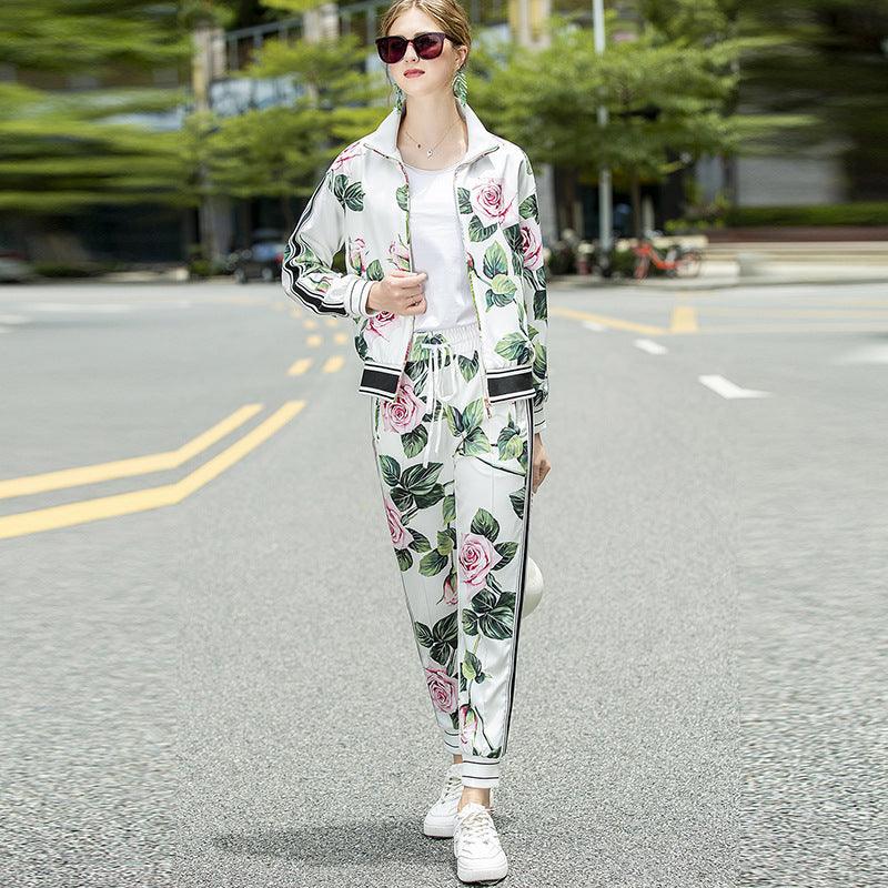 Fashion Casual Printed Long Sleeved Jacket Elastic Waist Stitching Trousers Suit - Cruish Home