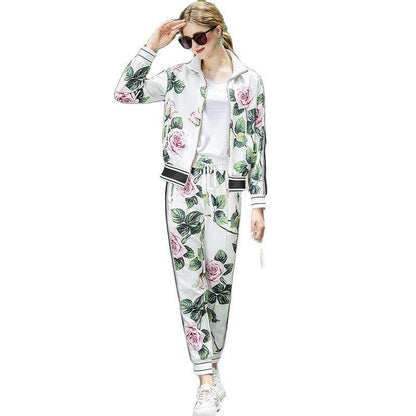 Fashion Casual Printed Long Sleeved Jacket Elastic Waist Stitching Trousers Suit - Cruish Home