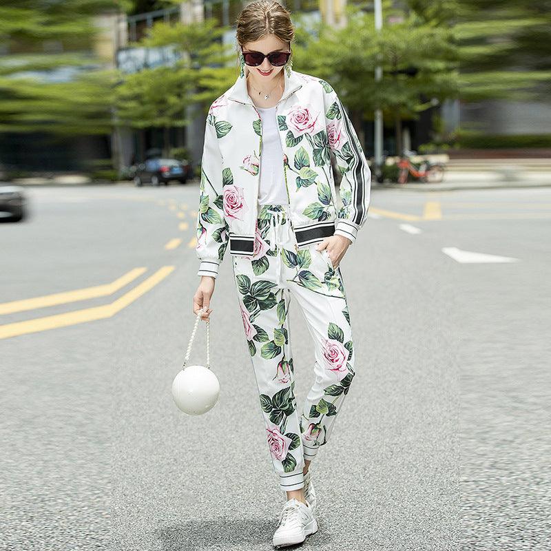 Fashion Casual Printed Long Sleeved Jacket Elastic Waist Stitching Trousers Suit - Cruish Home