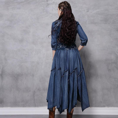 Vintage Embroidered Mid-sleeve Denim Dress - Cruish Home