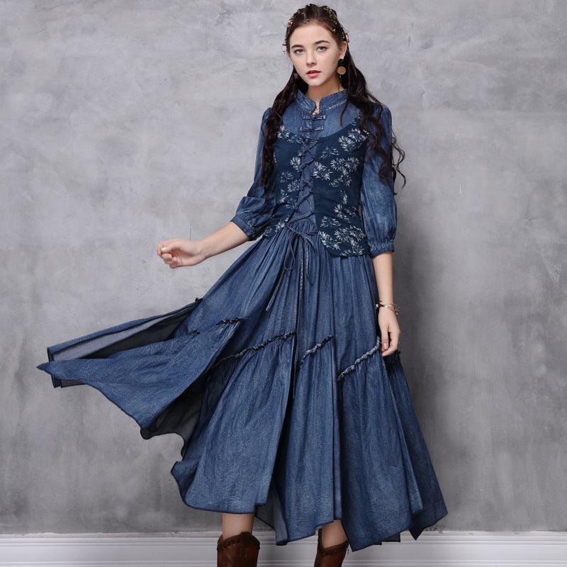 Vintage Embroidered Mid-sleeve Denim Dress - Cruish Home