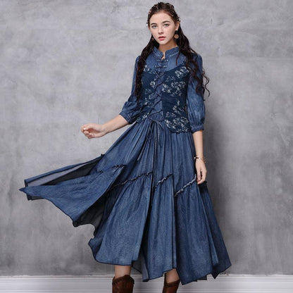 Vintage Embroidered Mid-sleeve Denim Dress - Cruish Home