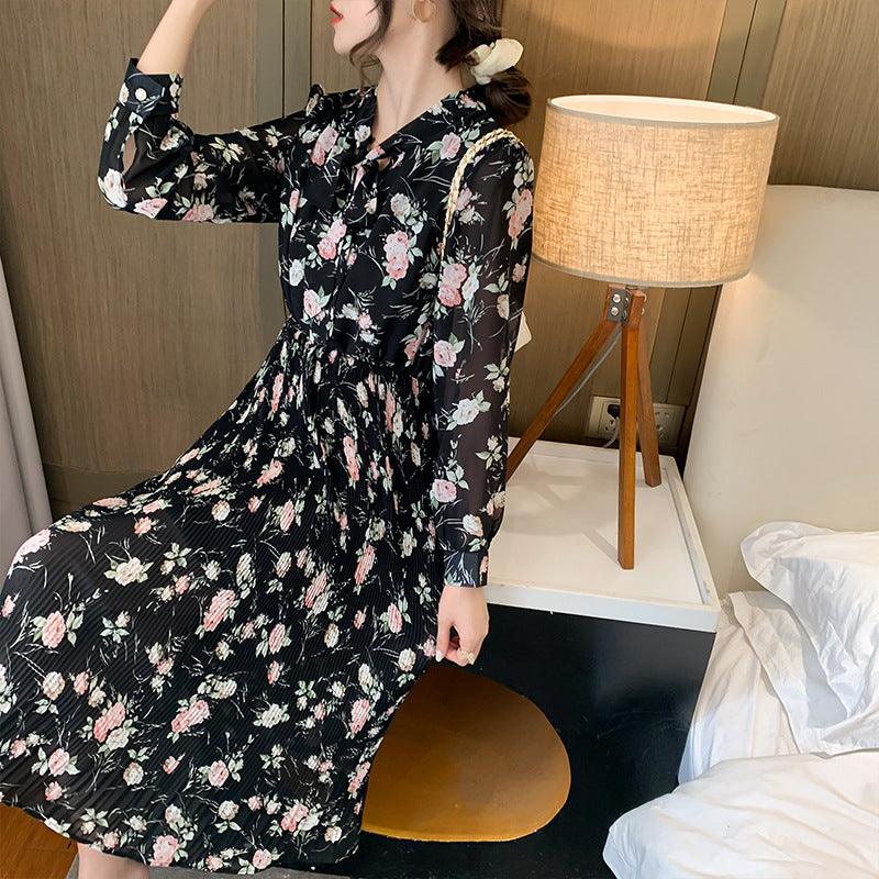 Bowknot Pleated Floral Long-sleeved Chiffon Dress - Cruish Home