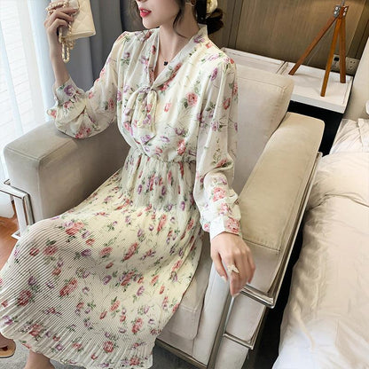 Bowknot Pleated Floral Long-sleeved Chiffon Dress - Cruish Home