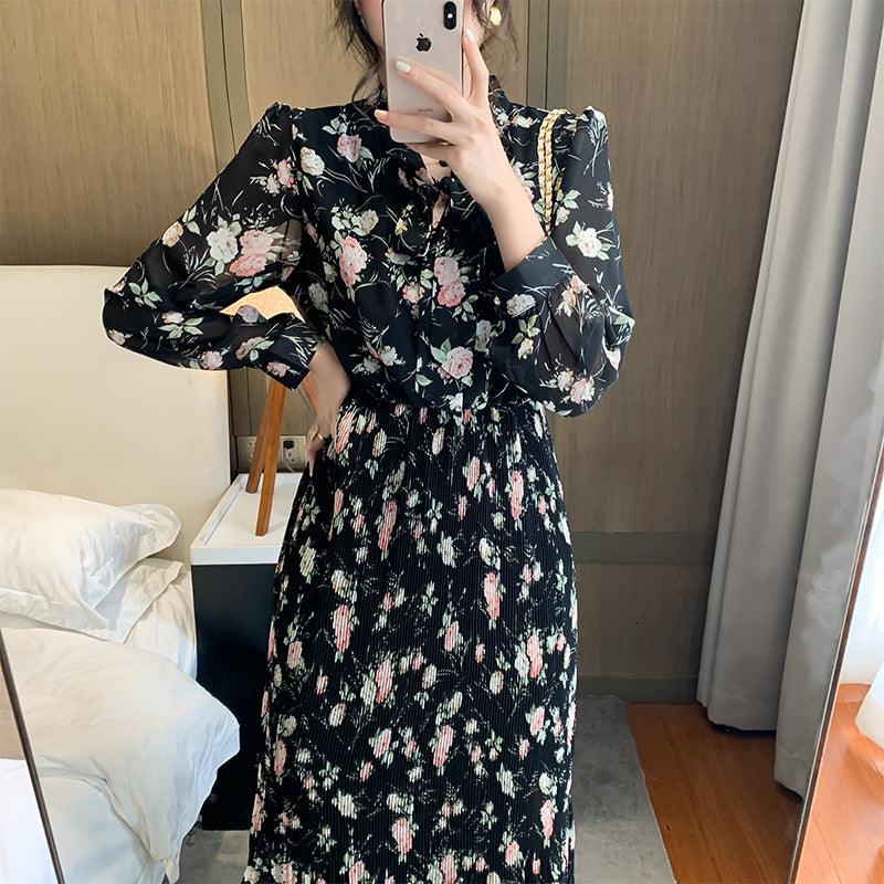 Bowknot Pleated Floral Long-sleeved Chiffon Dress - Cruish Home