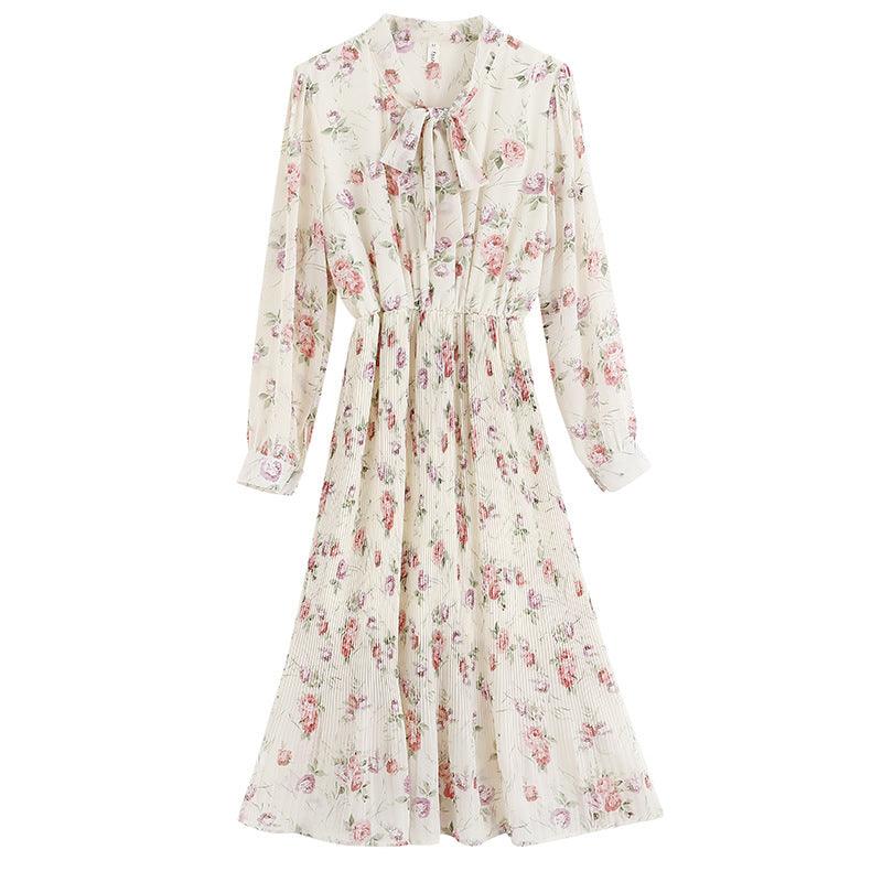 Bowknot Pleated Floral Long-sleeved Chiffon Dress - Cruish Home