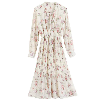 Bowknot Pleated Floral Long-sleeved Chiffon Dress - Cruish Home