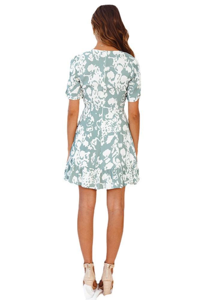 V-neck Short Sleeve Printed A-line Dress - Cruish Home