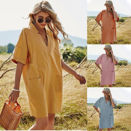 Pure Color V Neck Akimbo A Line Skirt Bag Casual Loose Short Sleeved Dress Women - Cruish Home