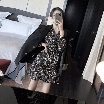 Early Spring Black Suit Jacket Retro Polka Dot Dress Net Red Fashion Suit Two-piece Suit - Cruish Home