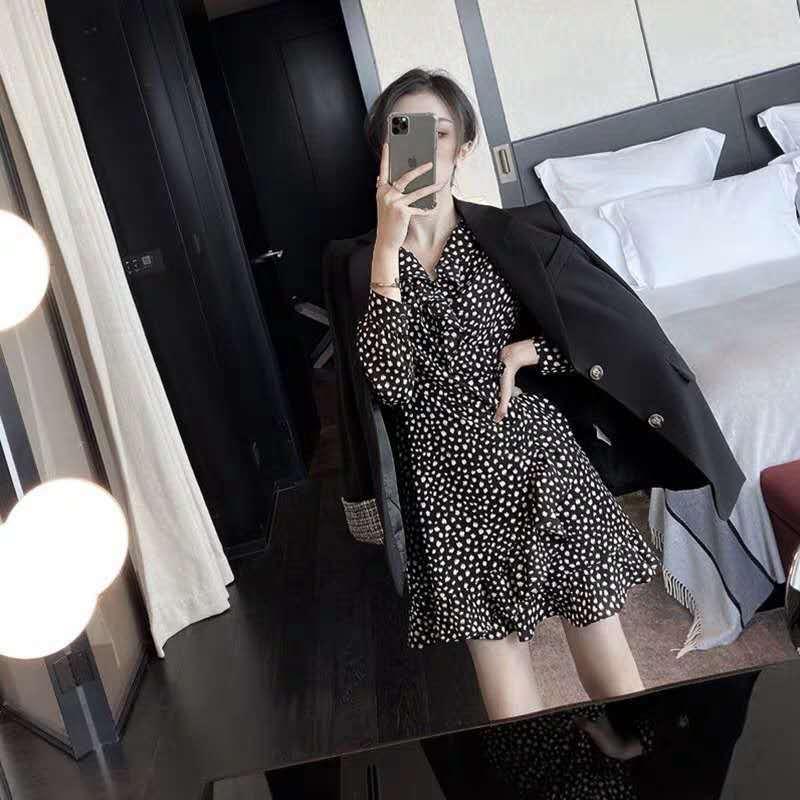 Early Spring Black Suit Jacket Retro Polka Dot Dress Net Red Fashion Suit Two-piece Suit - Cruish Home