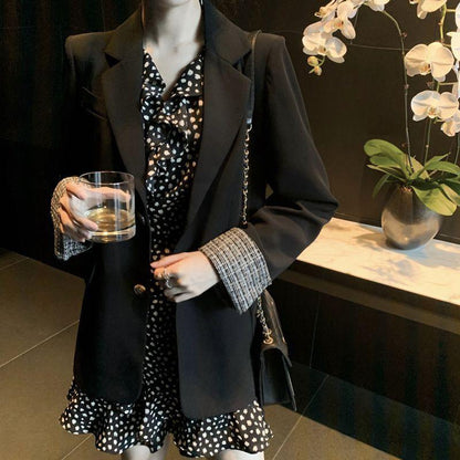 Early Spring Black Suit Jacket Retro Polka Dot Dress Net Red Fashion Suit Two-piece Suit - Cruish Home