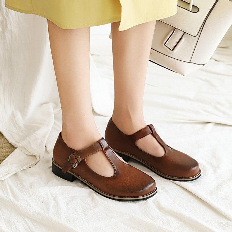 Women Flats Round Toe Shallow Mouth Mary Jane Ankle Strap Buckle - Cruish Home