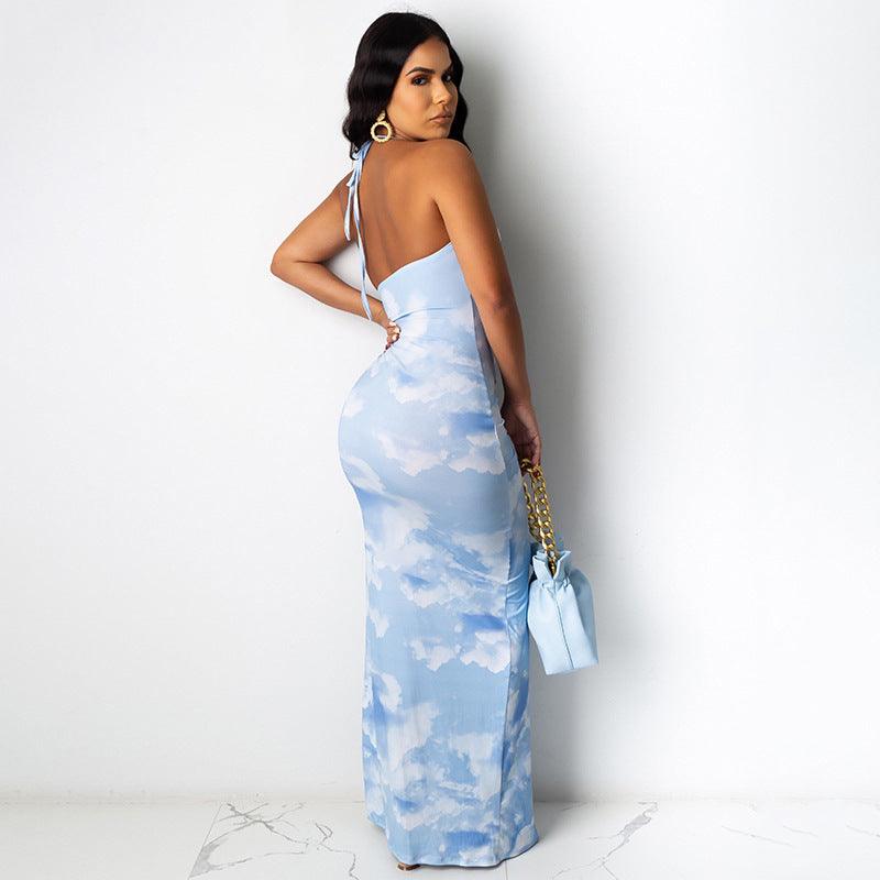 Sexy Halter Dress With Drawstring Slits And Clouds Tie-dye Print Long Dress - Cruish Home