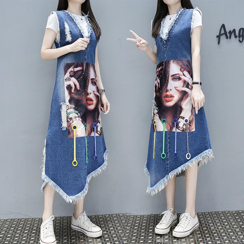 Korean Version Of Plus Size Women's Avatar Single Breasted Belly Fat Sister Denim Blue Dress - Cruish Home