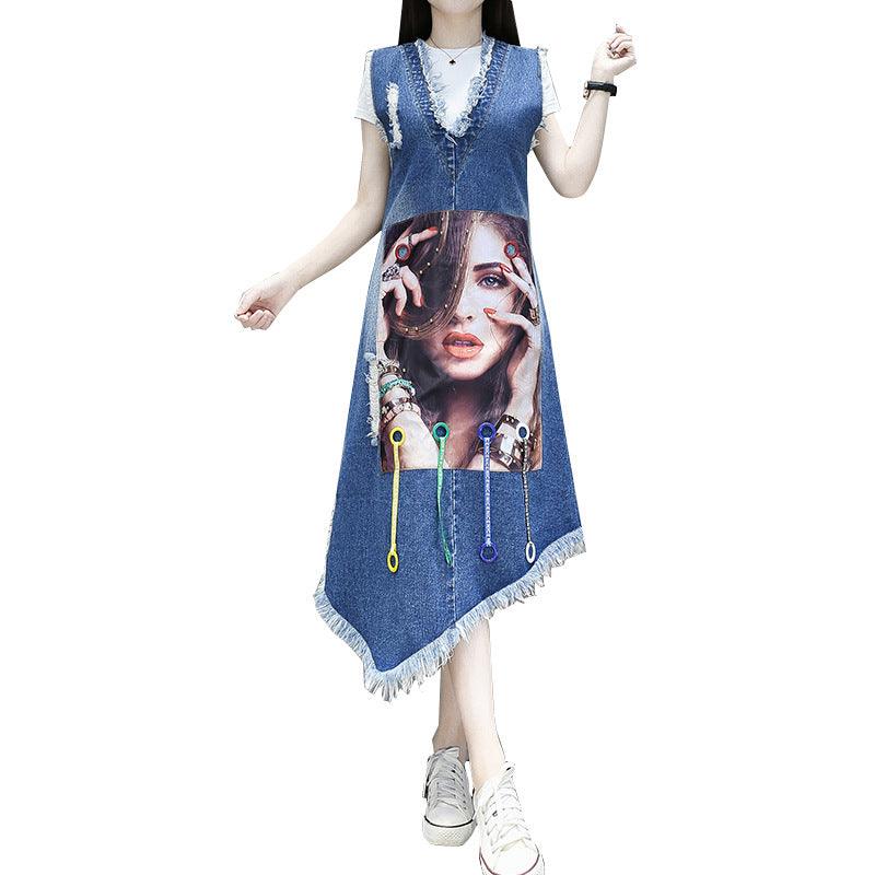 Korean Version Of Plus Size Women's Avatar Single Breasted Belly Fat Sister Denim Blue Dress - Cruish Home