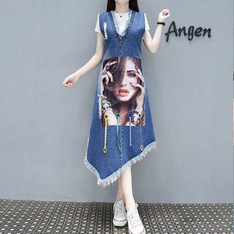 Korean Version Of Plus Size Women's Avatar Single Breasted Belly Fat Sister Denim Blue Dress - Cruish Home