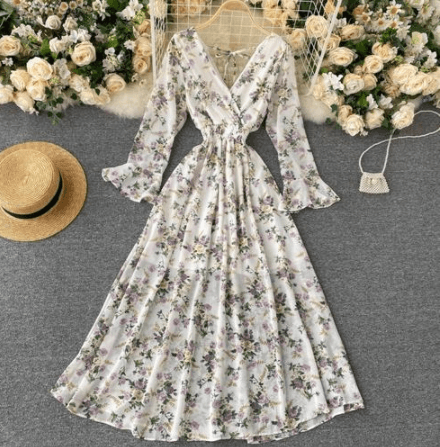 Halter Lace Dress Female Autumn Retro Flared Sleeve Waist Long Floral Skirt - Cruish Home